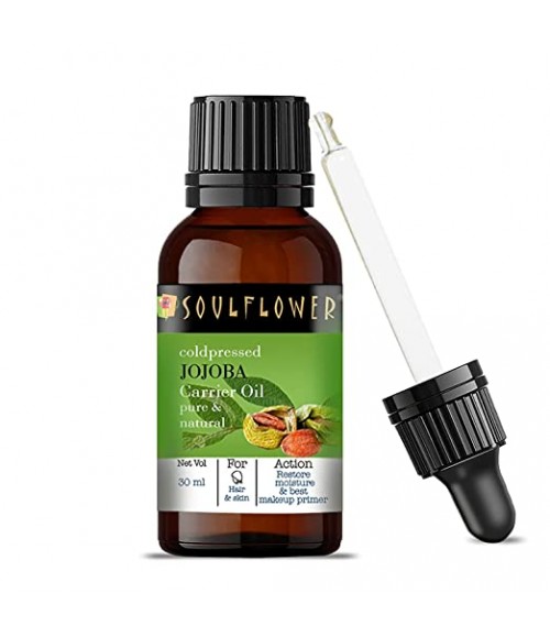 Soulflower Jojoba Oil for Hair Growth, Moisturizing Skin & Makeup Primer with Jojoba Seeds| 100% Pure, Organic, Natural & Cold-Presse, Ecocert Cosmos Organic Certified, 30ml